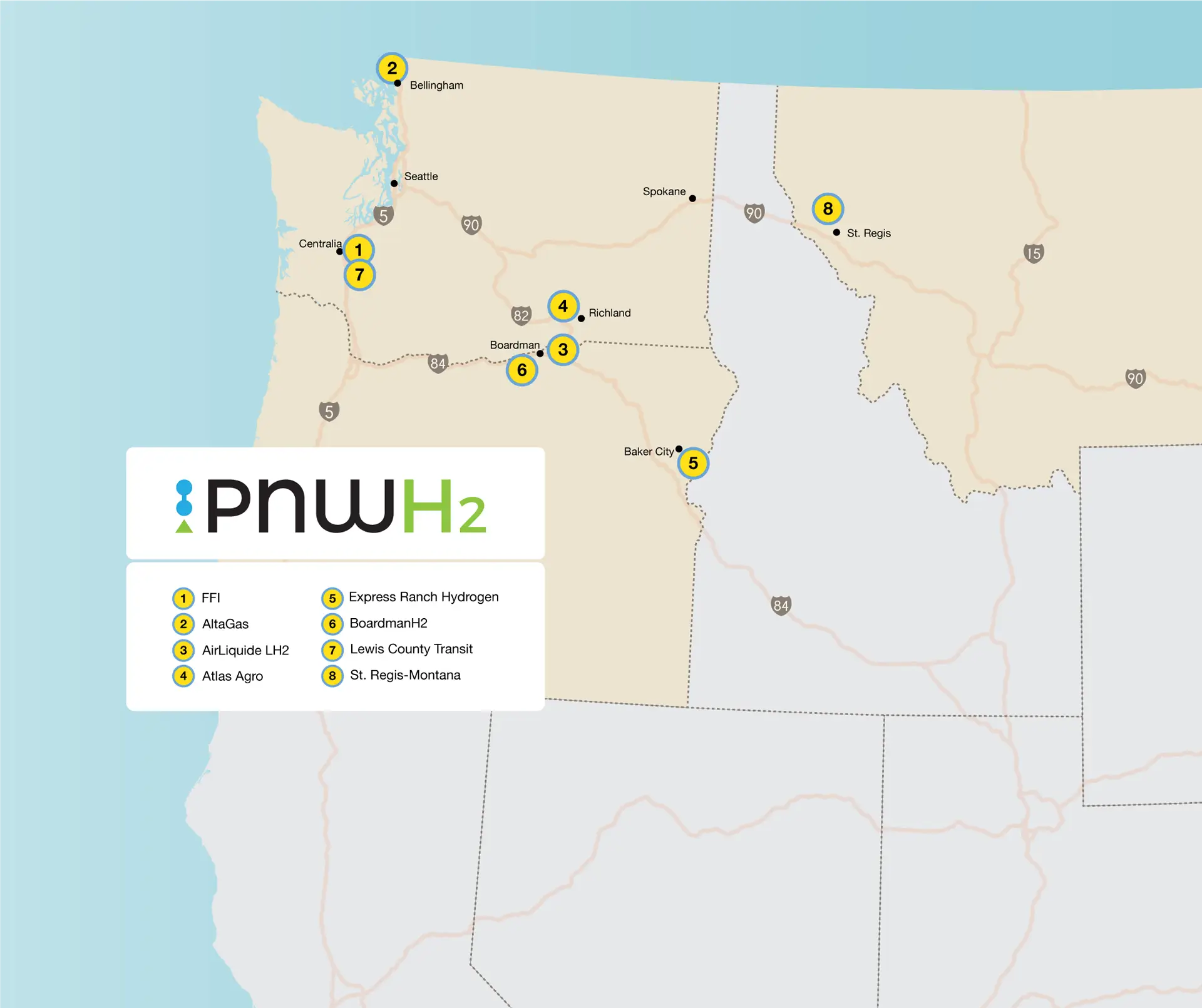Map of PNWH2 Hub projects spanning Washington, Oregon and Montana